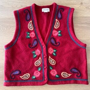 Vintage 90s Alfred Dunner Burgandy 100% Wool Embroidery Vest Floral Paisley XL